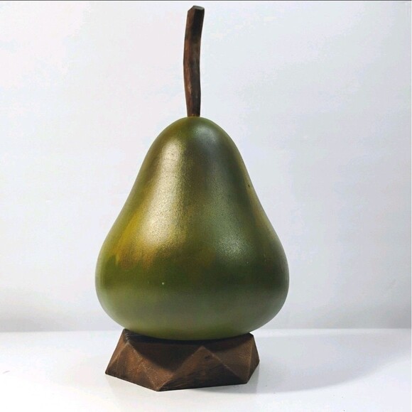 Vtg Hand carved & Painted Pear Wooden Green Fruit & Geometric Base Coaster Set - Picture 12 of 12